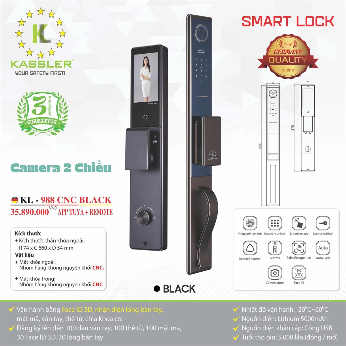 Khóa cửa Kassler KL988-CNC Black có camera 2 chiều, Face ID 3D - mặt sau