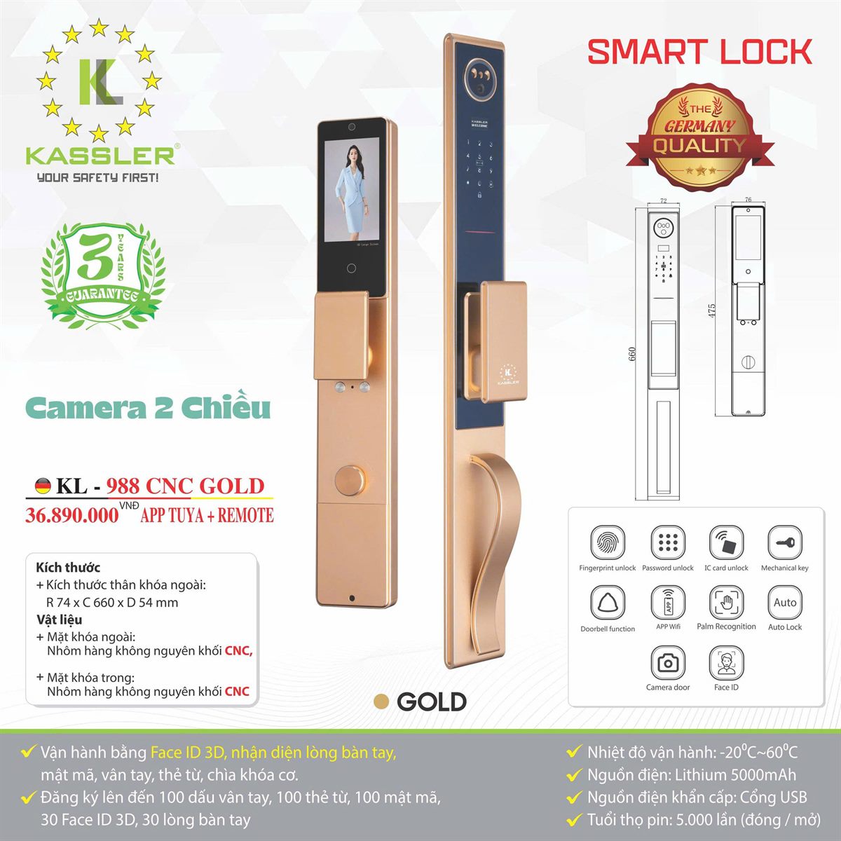 Khóa cửa Kassler KL988-CNC Gold có camera 2 chiều, Face ID 3D - lắp đặt thực tế