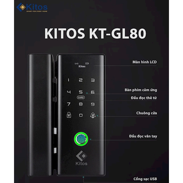 Khóa cửa kính cường lực vân tay Kitos KT GL80